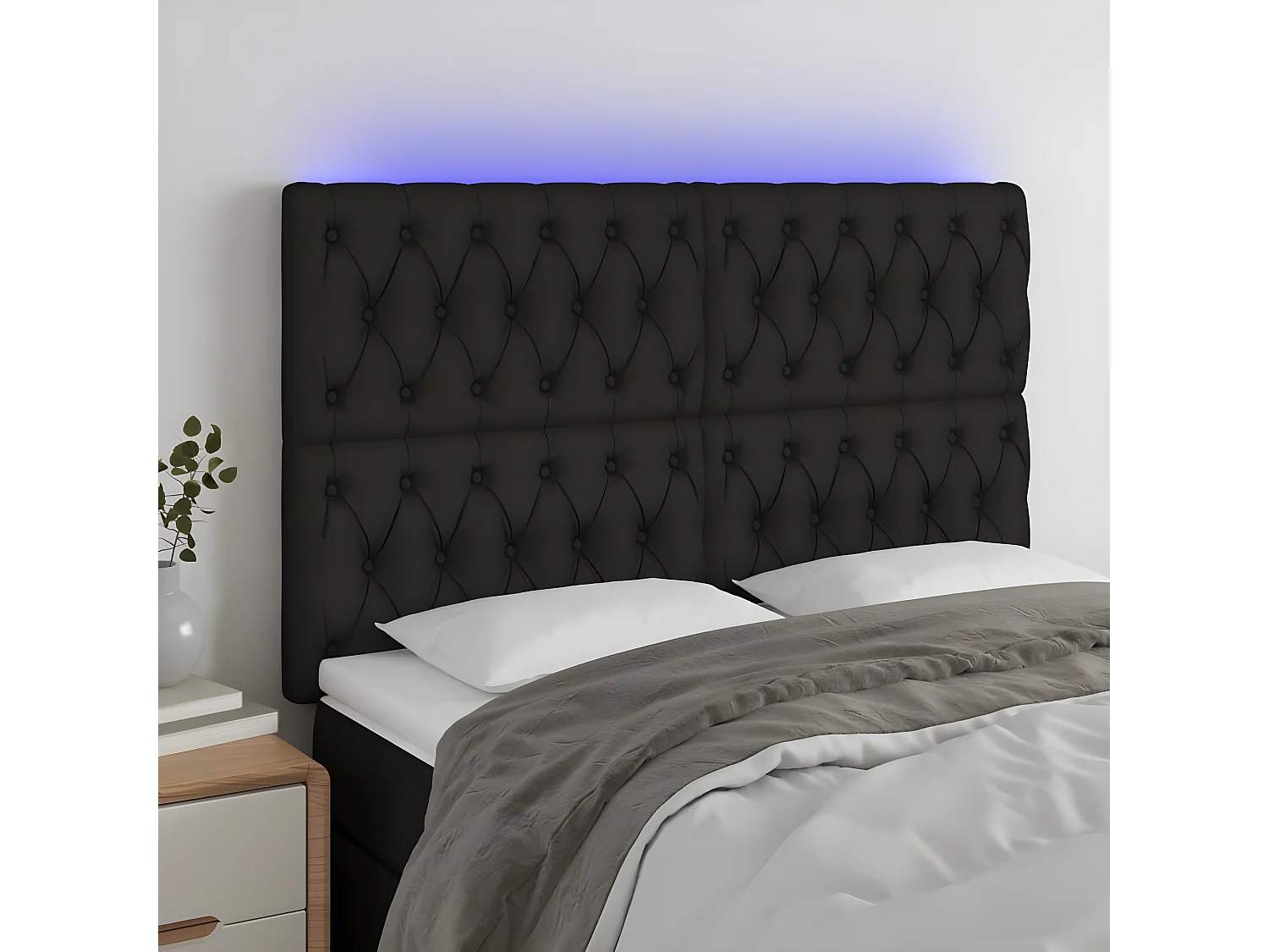 Cabeceira de cama c/ luzes LED tecido 144x7x118/128 cm preto