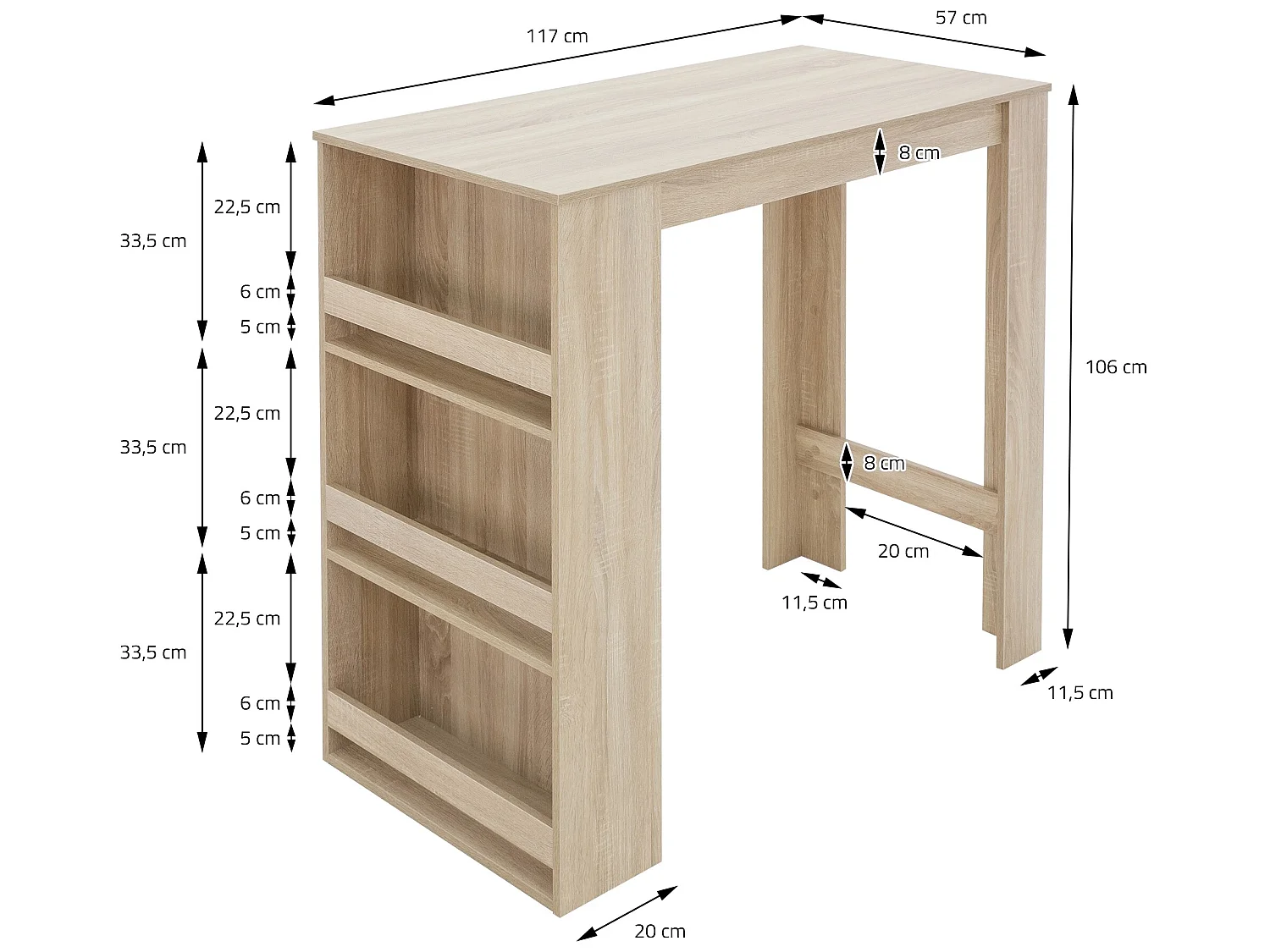 Mesa de bar de roble Sonoma con 3 estantes mesa de bistro de cocina ML-DESIGN