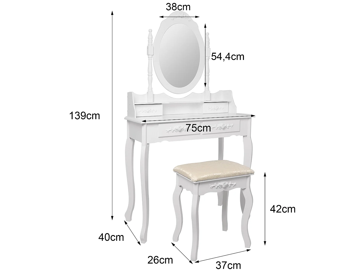 Meuble table de maquillage coiffeuse commode avec tabouret miroir ML-DESIGN