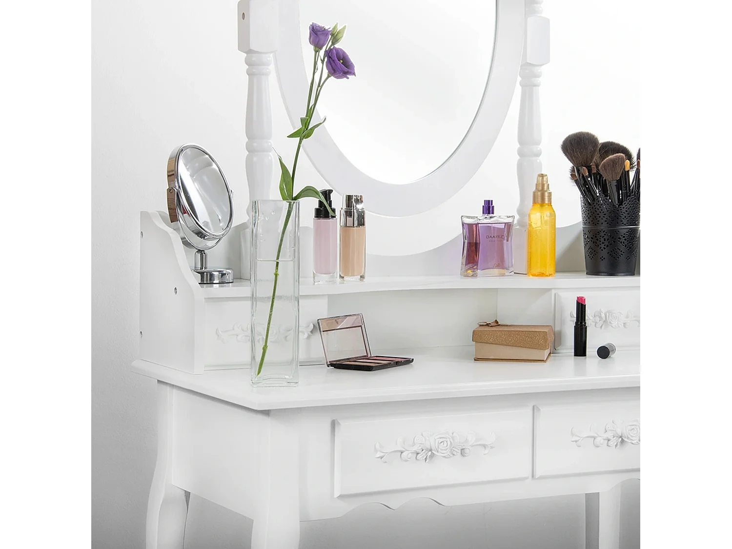 Tavolo da trucco cassettiera con specchio sgabello 4 cassetti MDF ML-DESIGN