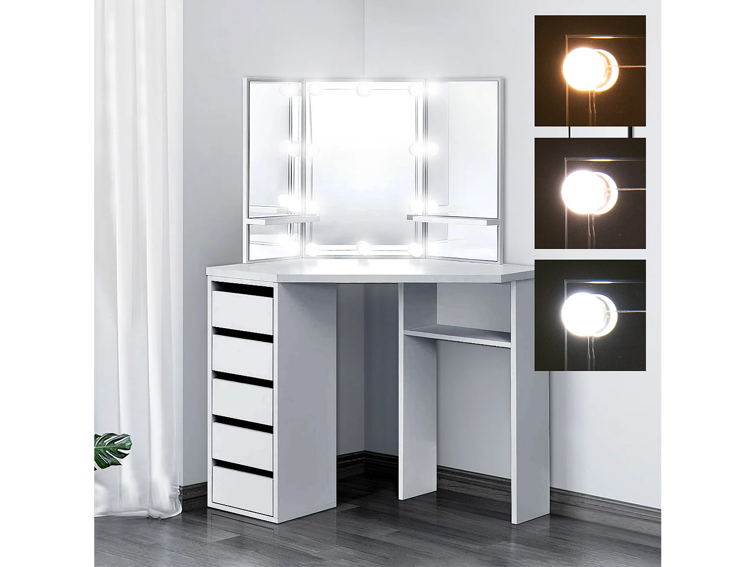 Table de coiffeuse maquillage blanc avec miroir éclairage LED ML-DESIGN