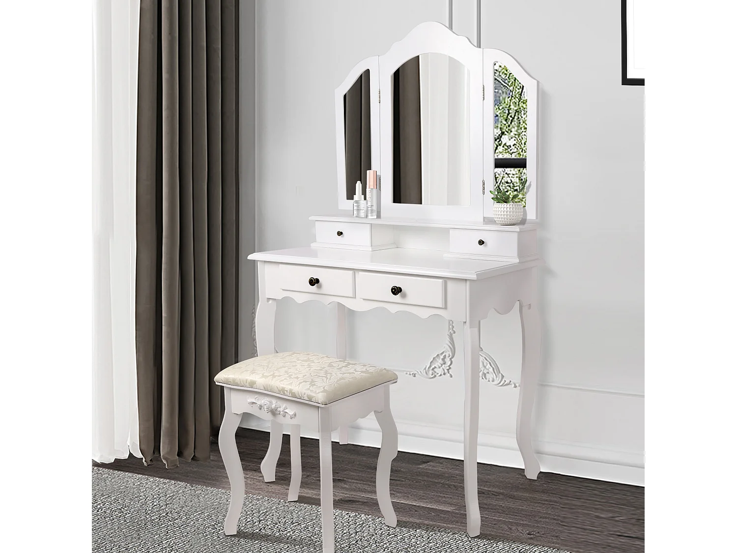 Tocador blanco tocador moderno espejo y taburete vintage ML-DESIGN