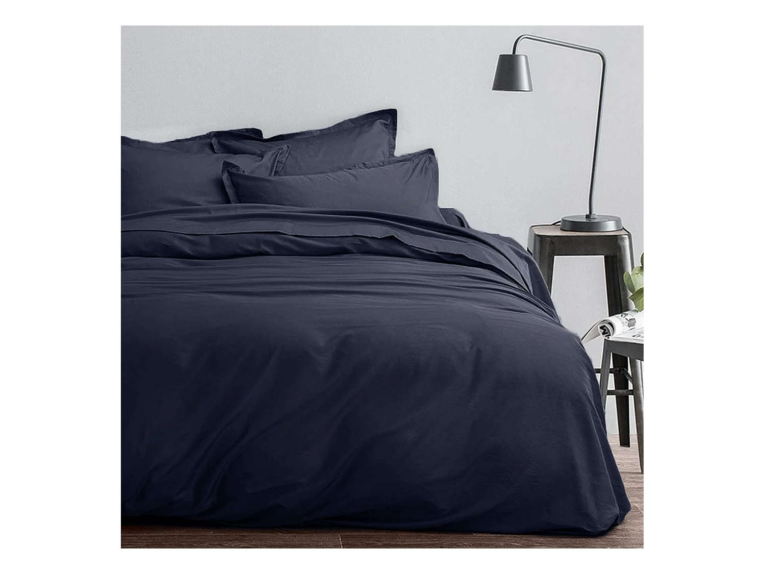 Housse de couette 220x240 + 2 taies d'oreiller 63x63 cm Satin de Coton Indigo
