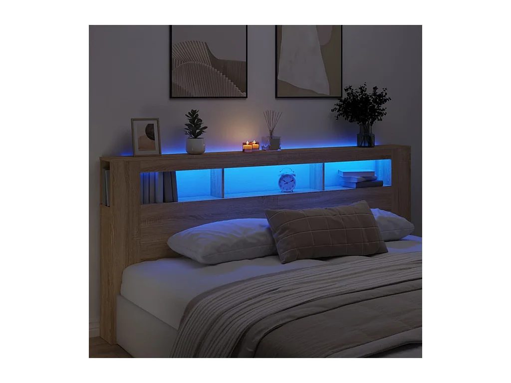 Hoofdbord met LED 220x18,5x103,5 cm bewerkt hout sonoma eiken