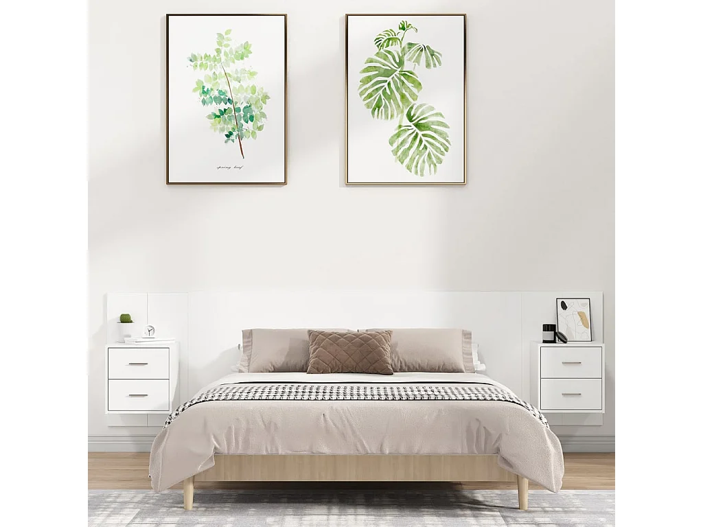 Cabeceira cama + armários madeira processada branco