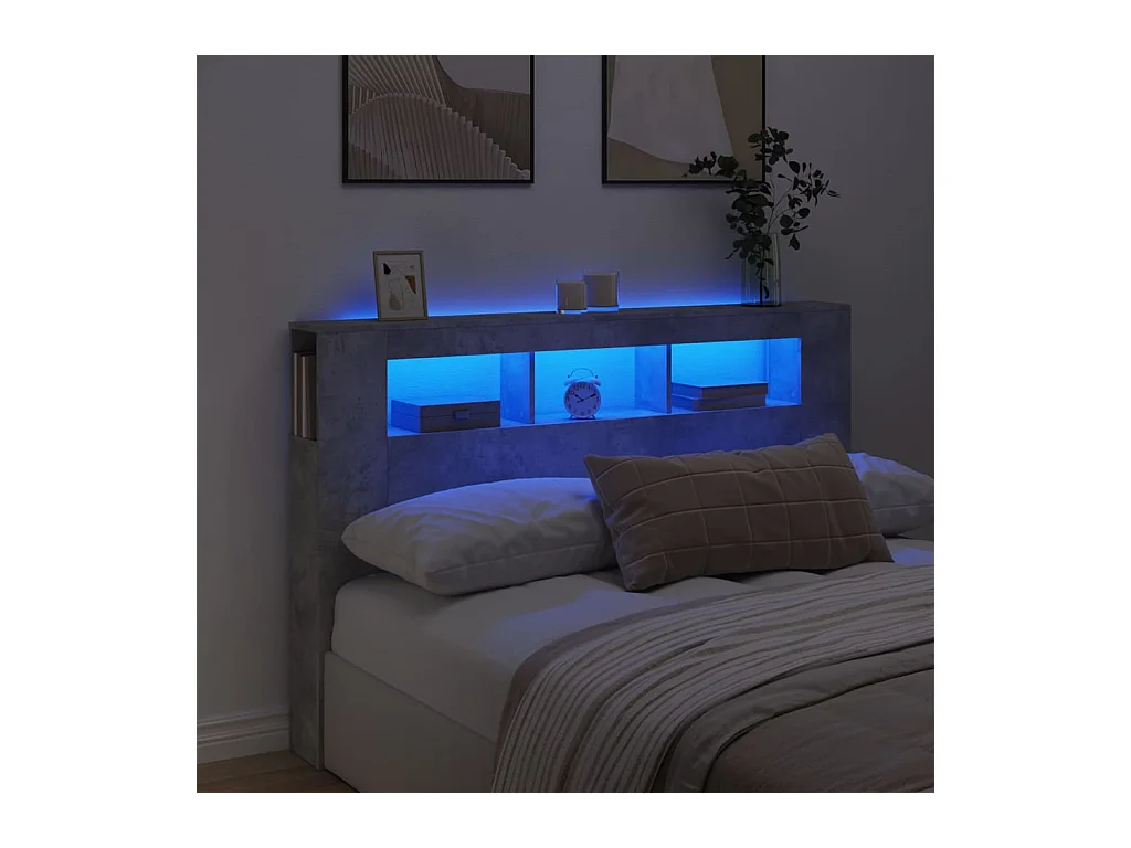 Tête de lit à LED gris béton 160x18,5x103,5cm bois d'ingénierie