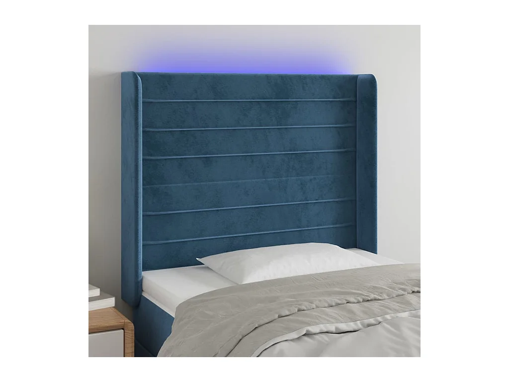 Cabeceira cama c/ luzes LED veludo 83x16x118/128 cm azul-escuro