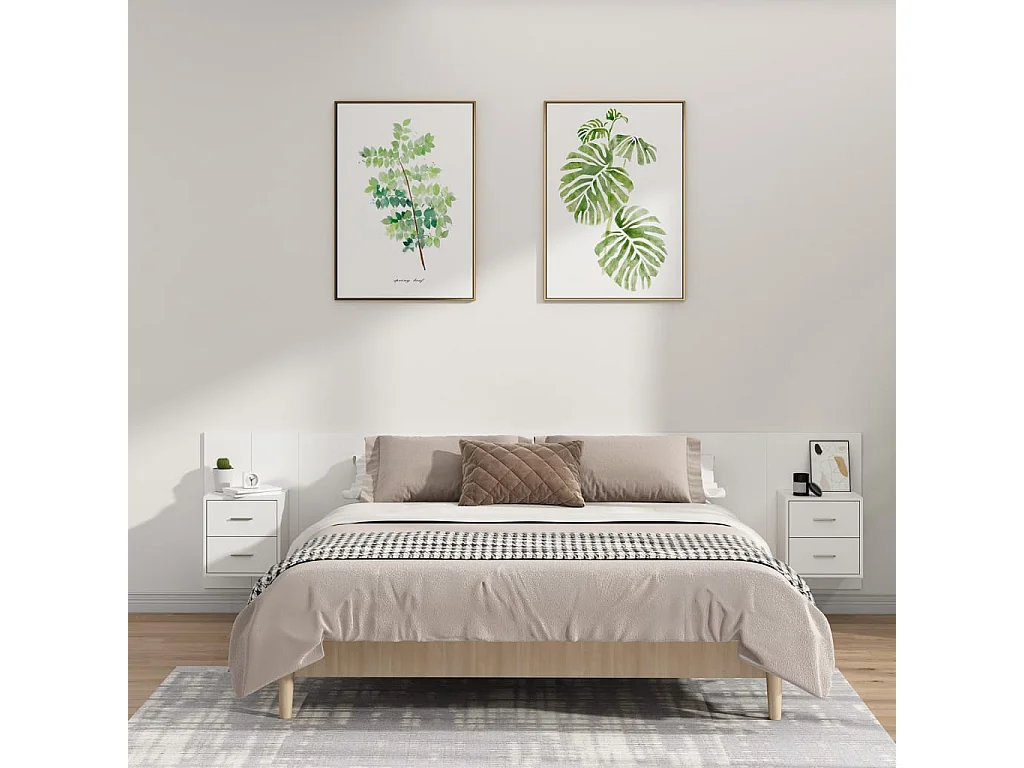 Cabeceira cama + armários madeira processada branco