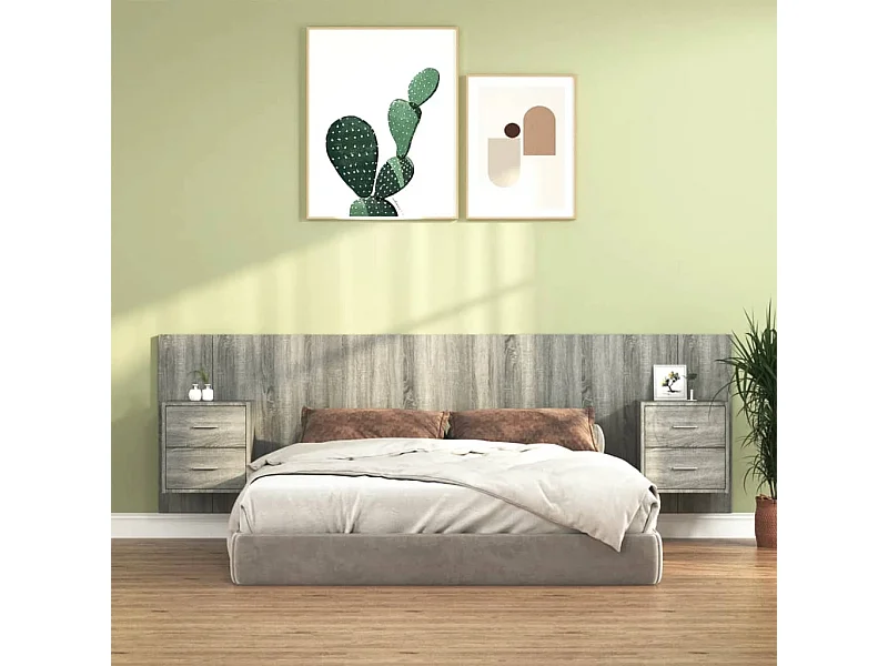 Cabecero de cama y mesitas madera contrachapada gris Sonoma