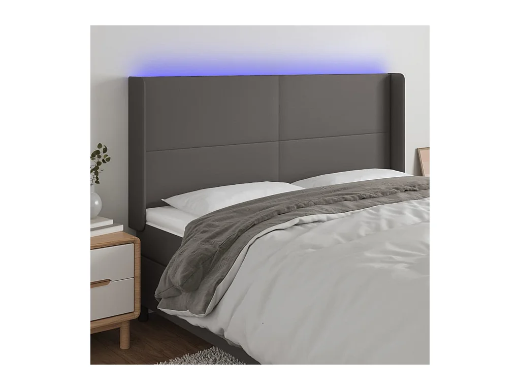Cabeceira cama c/ LED couro artif. 203x16x118/128 cm cinzento