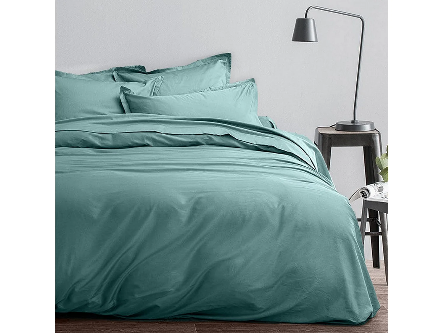 Housse de couette 220x240 + 2 taies d'oreiller 63x63 cm Satin de Coton Celadon