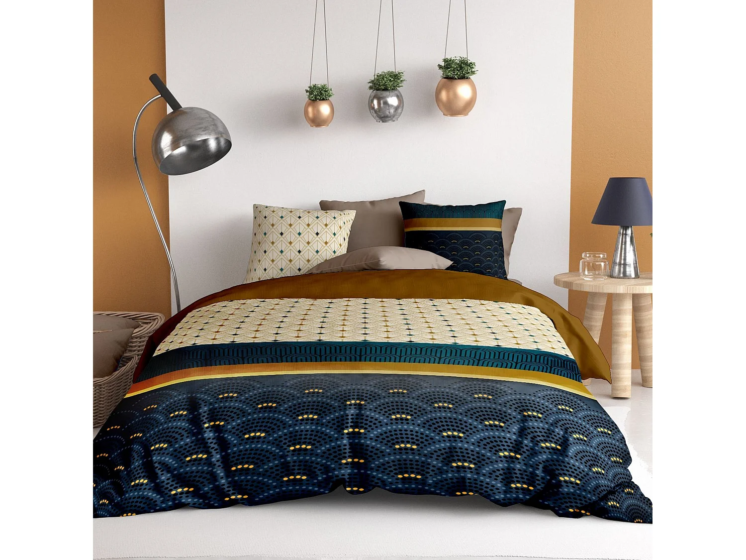 Parure de lit - Housse de couette 140x200 cm Réversible + 1 taie d'oreiller 100% Percale de Coton 71 fils Calvi
