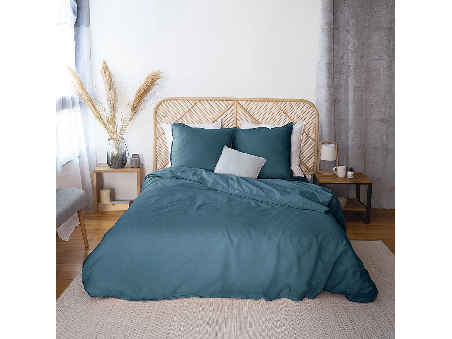 Housse de couette 240x260 + 2 taies d'oreiller 63x63 Lin Métis Lavé Marine