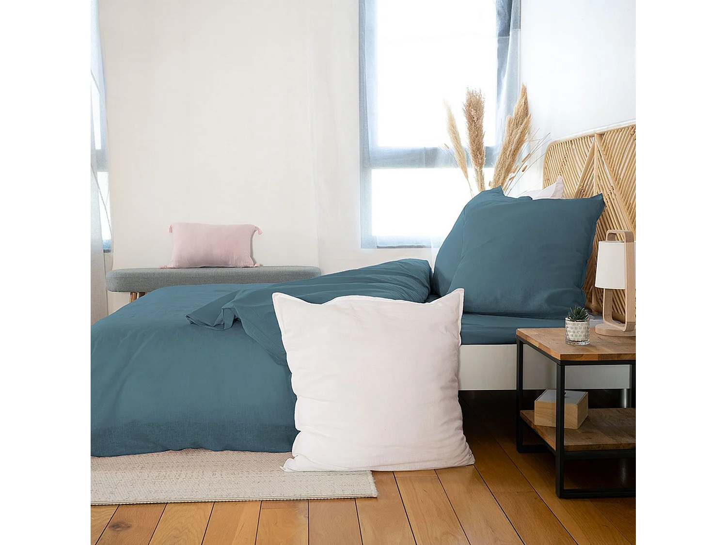 Housse de couette 240x260 + 2 taies d'oreiller 63x63 Lin Métis Lavé Marine