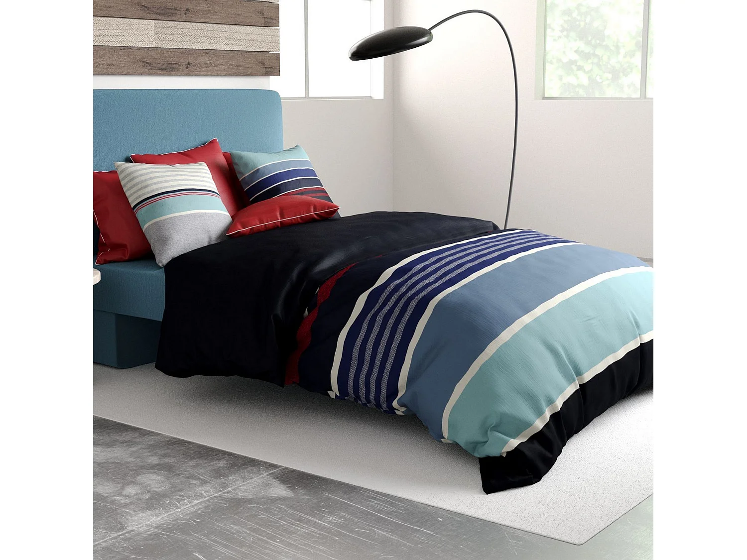 Parure de lit - Housse de couette 140x200 cm Réversible + 1 taie d'oreiller 100% Percale de Coton 71 fils Azul