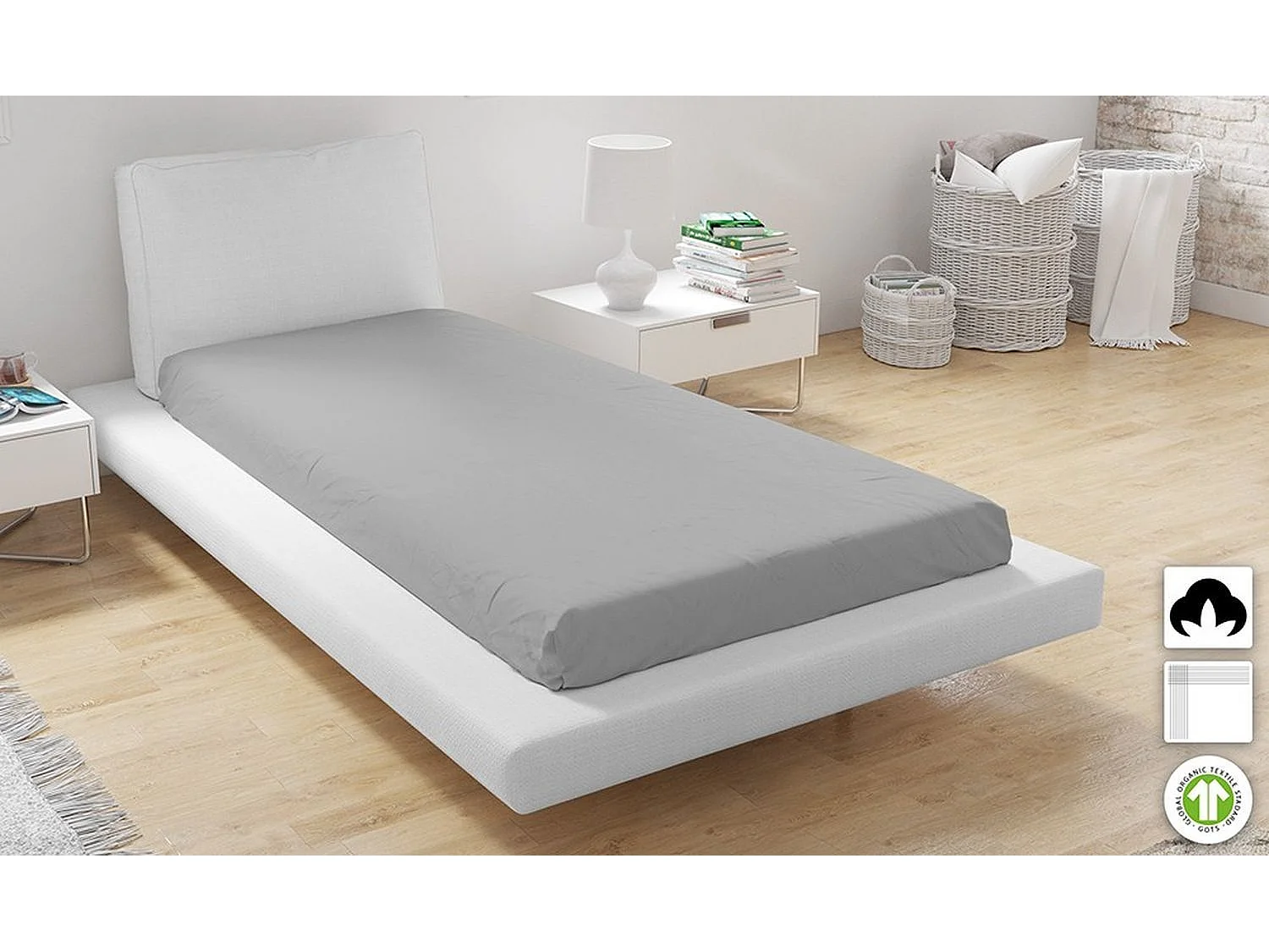 Drap housse 100% Coton Bio 57 fils Taille 90 x 200 cm Couleur Gris Perle