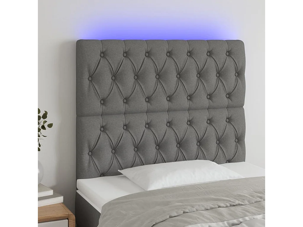 Cabeceira de cama c/ LED tecido 90x7x118/128 cm cinza-escuro