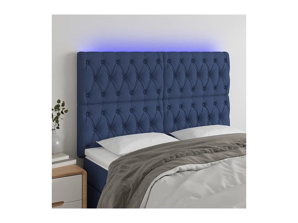 Cabeceira de cama c/ luzes LED tecido 160x7x118/128 cm azul