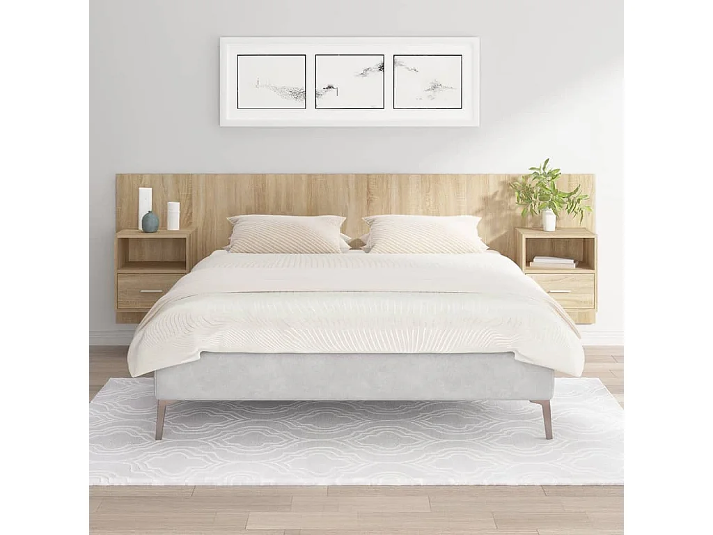 Cabecero de cama con mesitas madera contrachapada roble Sonoma