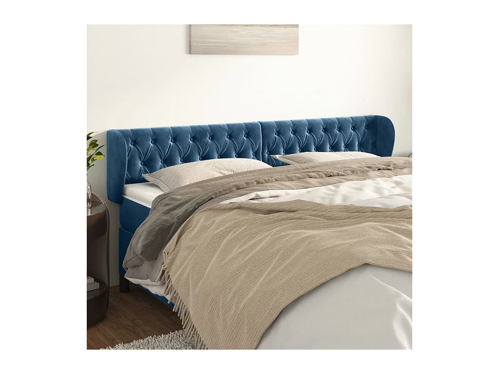 Cabeceira de cama c/ abas veludo 183x23x78/88cm azul-escuro