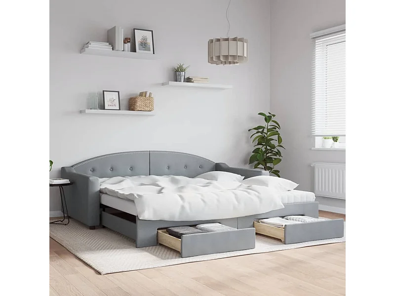 Lit de jour avec gigogne et tiroirs gris clair 100x200 cm tissu