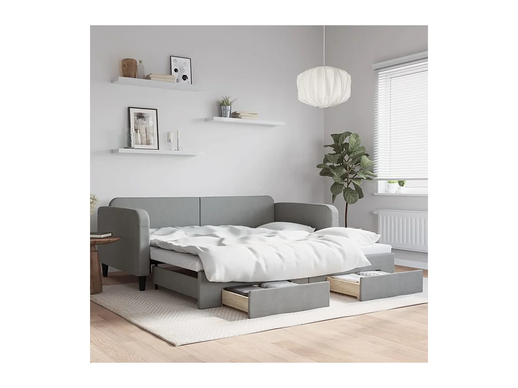 Slaapbank onderschuifbed en lades 100x200 cm stof lichtgrijs