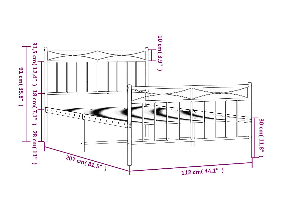Estructura cama metal con cabecero y pie cama blanca 107x203 cm