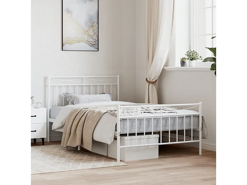 Cadre de lit métal avec tête de lit/pied de lit blanc 107x203cm