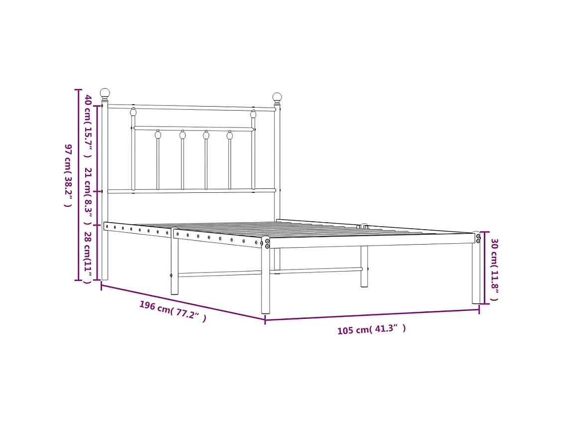 Cadre de lit métal avec tête de lit noir 100x190 cm