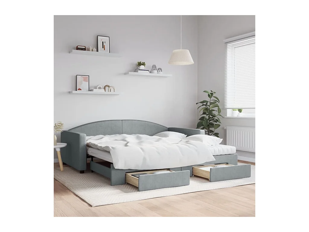 Slaapbank onderschuifbed en lades 100x200 cm stof lichtgrijs