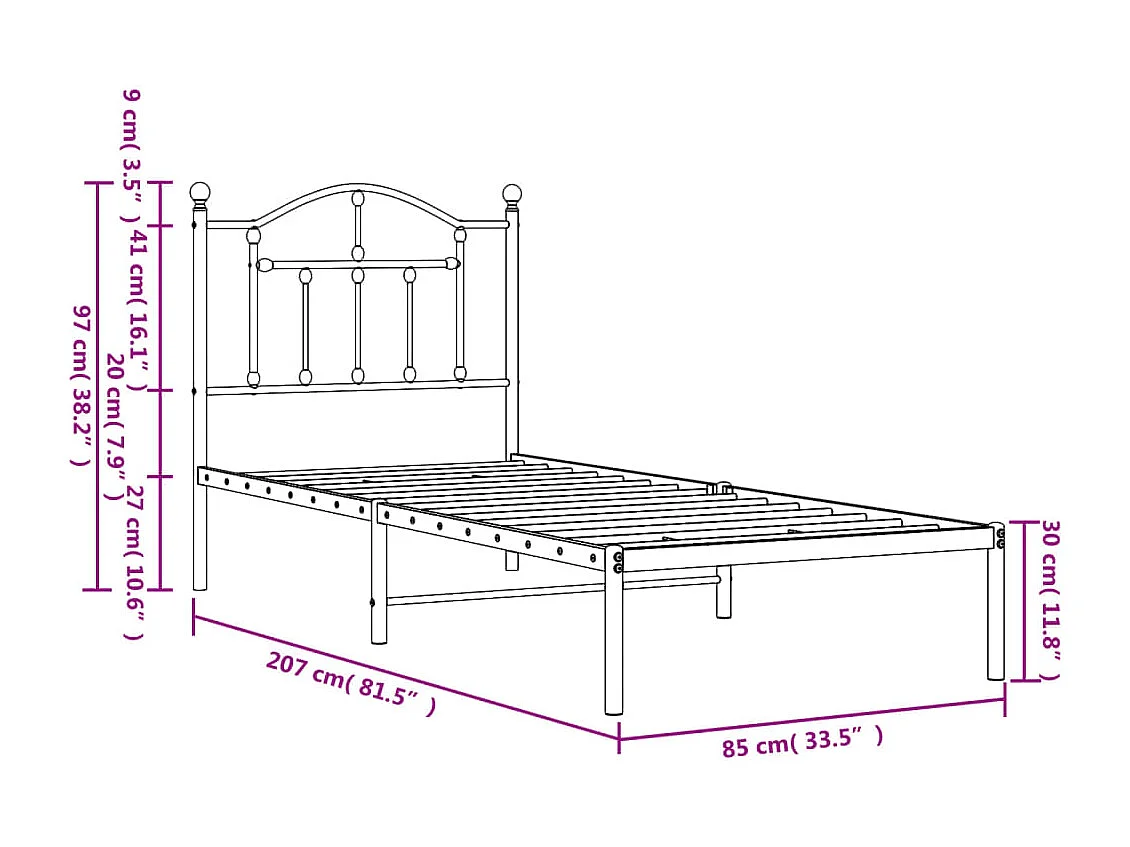 Estructura de cama con cabecero metal negro 80x200 cm