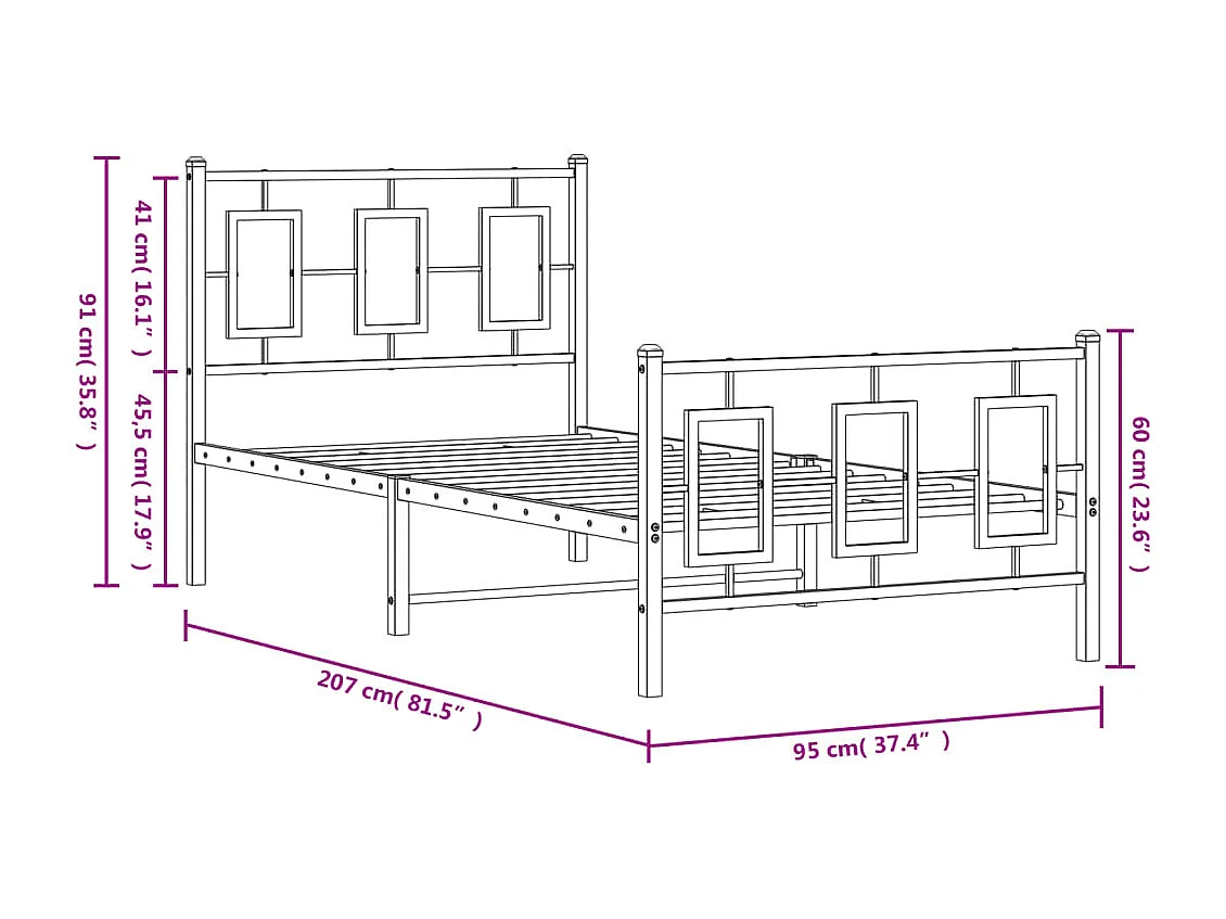 Estrutura de cama com cabeceira e pés 90x200 cm metal preto