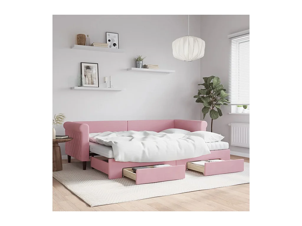 Lit de jour avec gigogne et tiroirs rose 80x200 cm velours