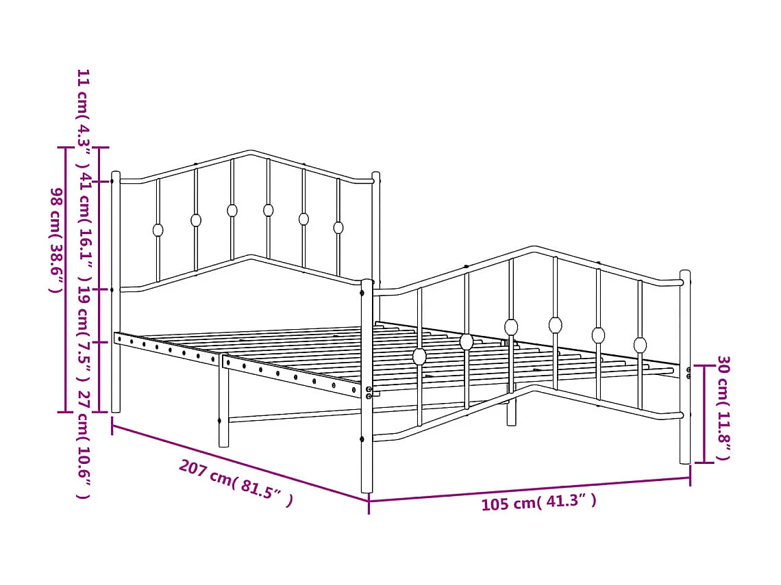 Cadre de lit métal avec tête de lit/pied de lit blanc 100x200cm