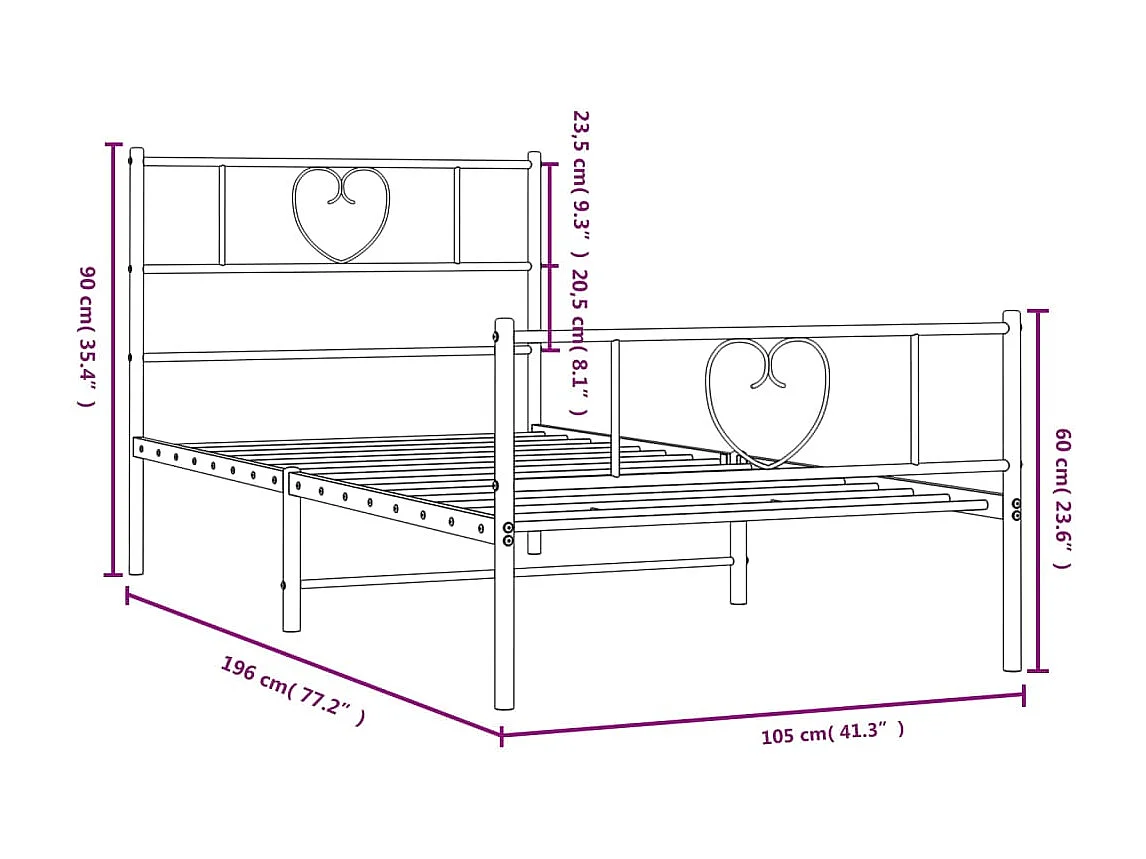 Estrutura de cama com cabeceira e pés 100x190 cm metal preto
