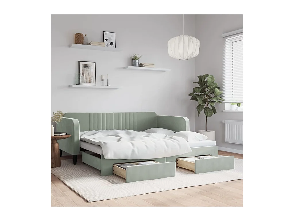 Sofá cama nido con cajones terciopelo gris claro 90x190 cm