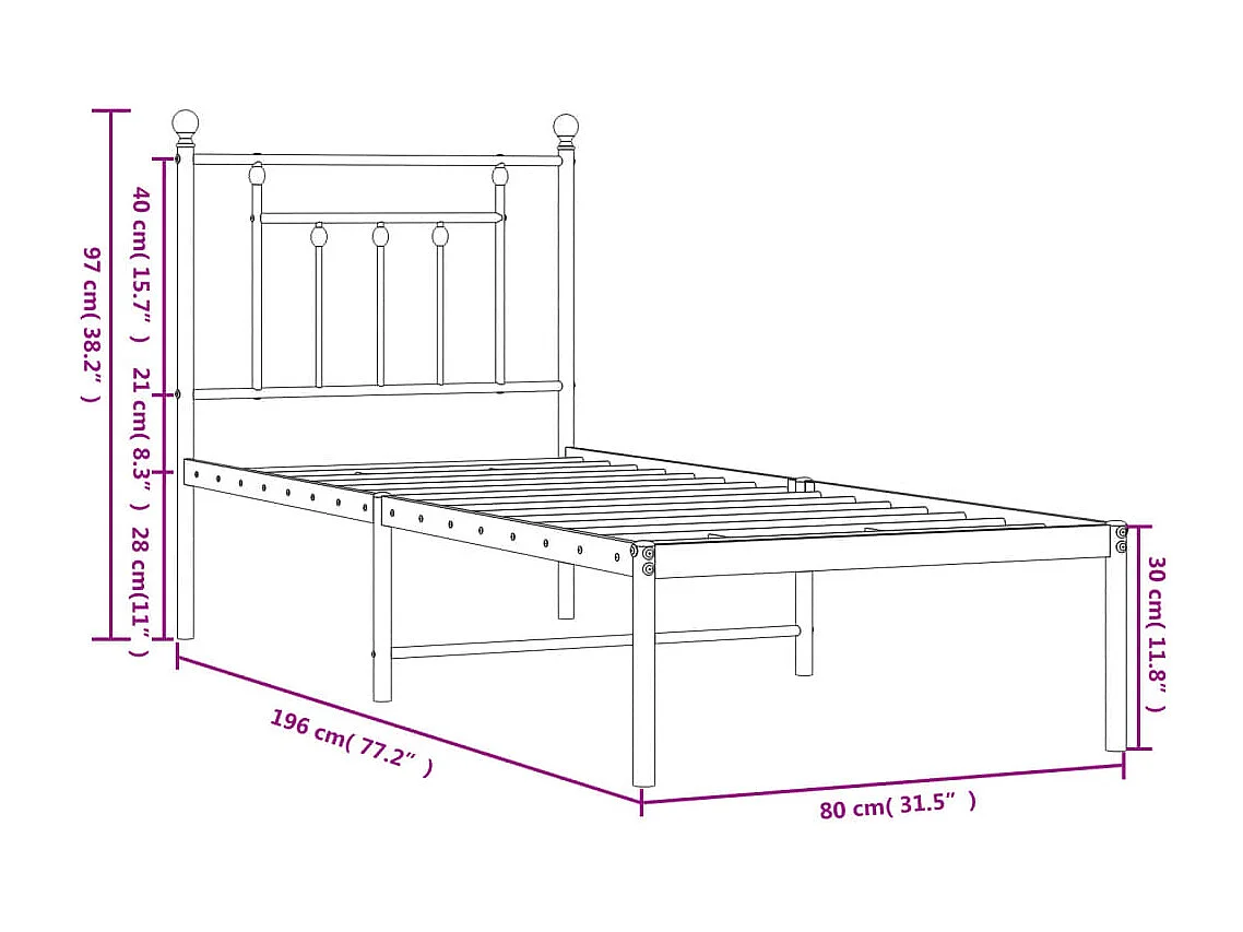 Estrutura de cama com cabeceira 75x190 cm metal branco