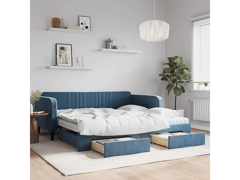 Lit de jour avec gigogne et tiroirs bleu 100x200 cm velours