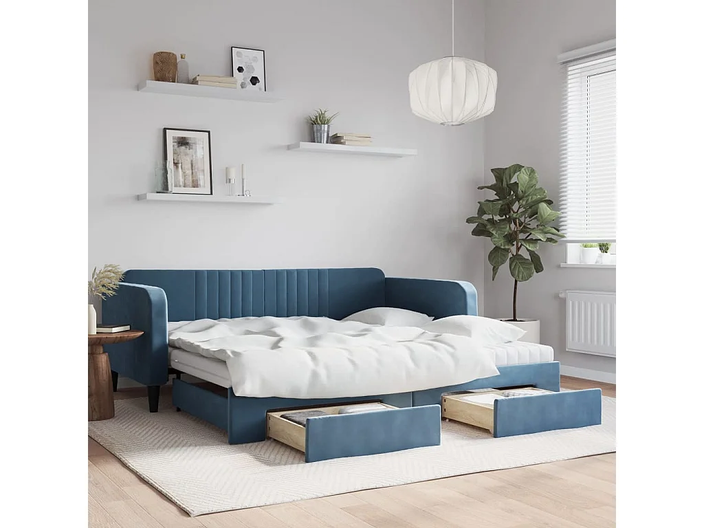 Sofá-cama com gavetão e gavetas 100x200 cm veludo azul