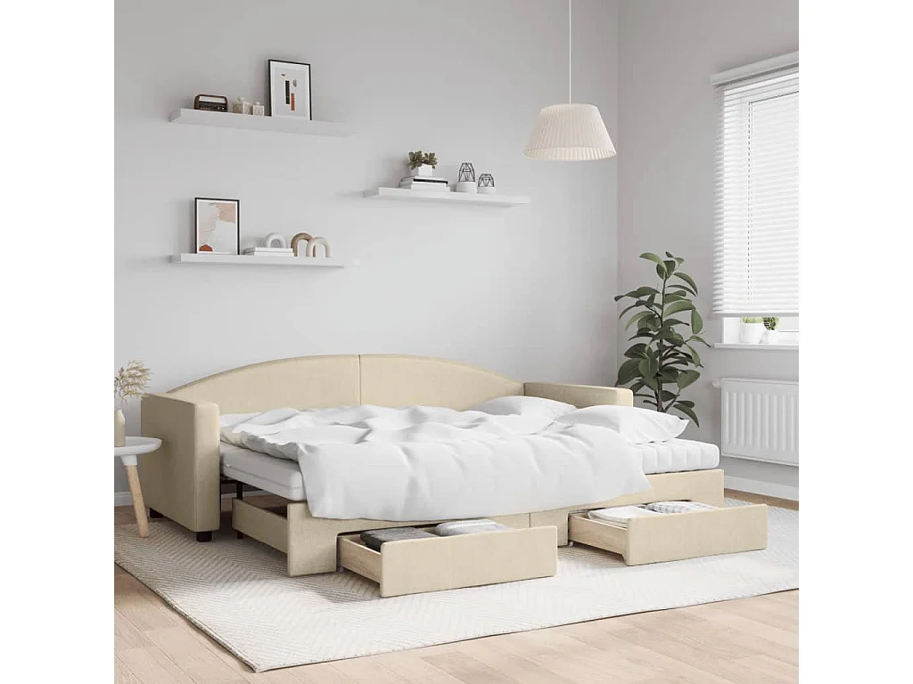 Sofá-cama com gavetão e gavetas 80x200 cm tecido cor creme