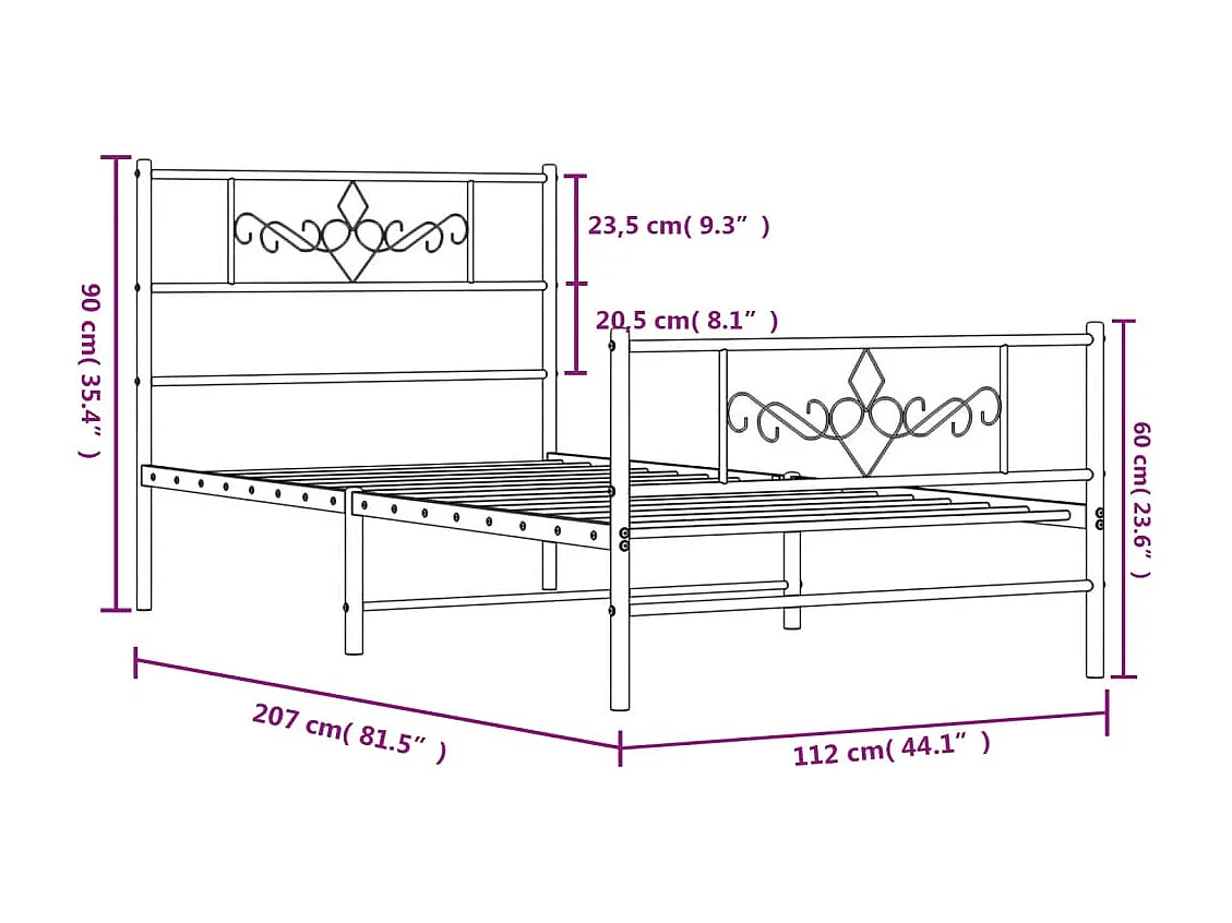 Estrutura de cama com cabeceira e pés 107x203 cm metal branco