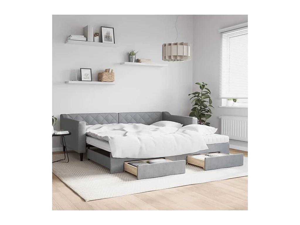 Slaapbank onderschuifbed en lades 100x200 cm stof lichtgrijs