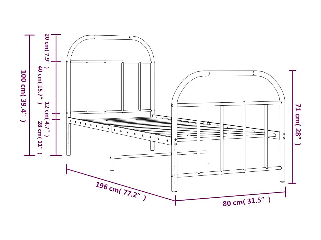Estrutura de cama com cabeceira e pés 75x190 cm metal preto