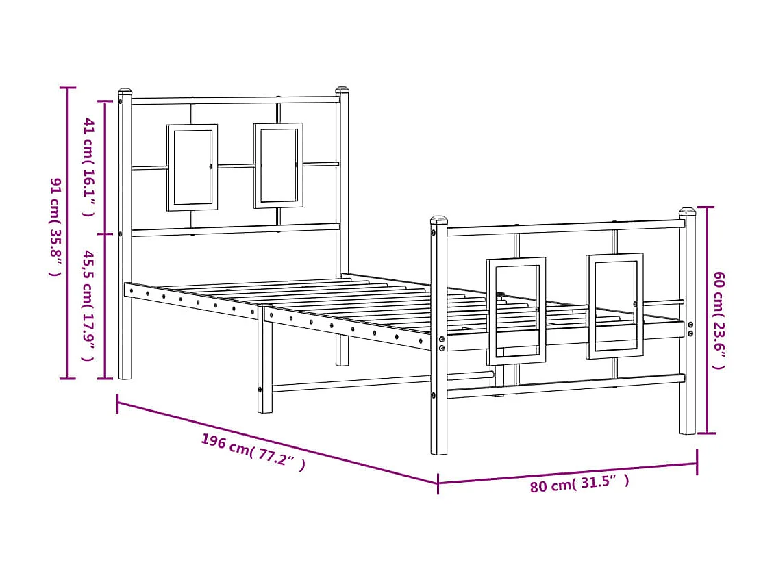 Estrutura de cama com cabeceira e pés 75x190 cm metal preto