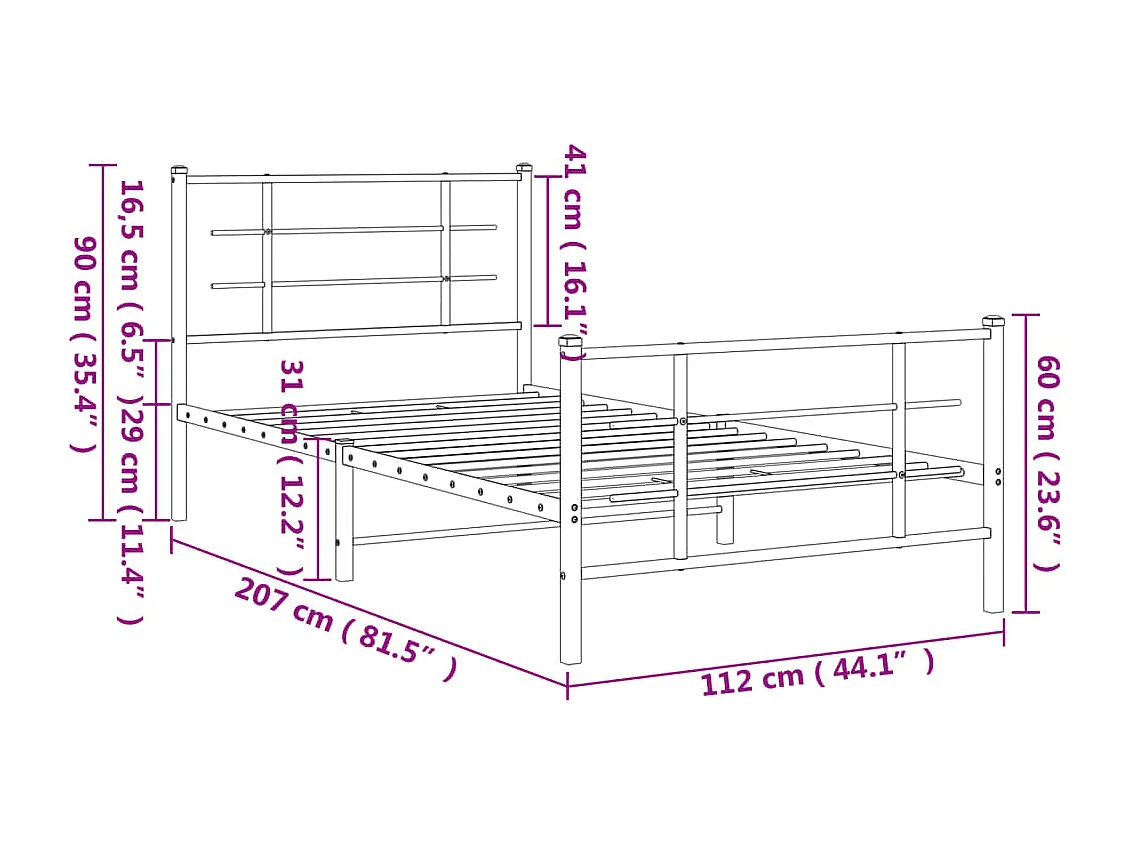 Estrutura de cama com cabeceira e pés 107x203 cm metal branco