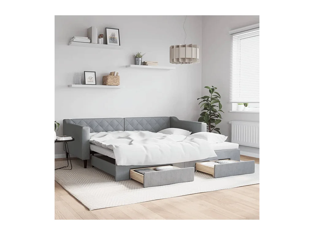 Slaapbank onderschuifbed en lades 100x200 cm stof lichtgrijs