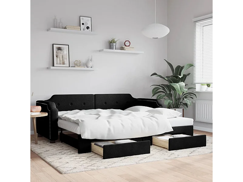 Lit de jour avec gigogne et tiroirs noir 90x200 cm tissu