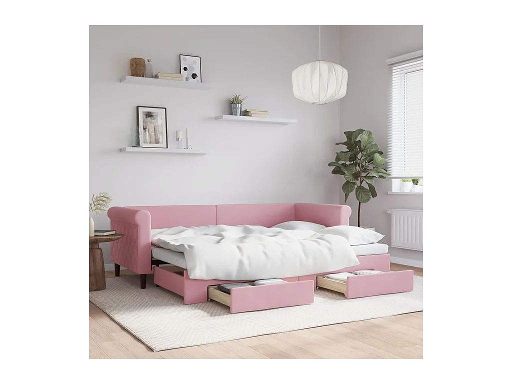 Lit de jour avec gigogne et tiroirs rose 80x200 cm velours