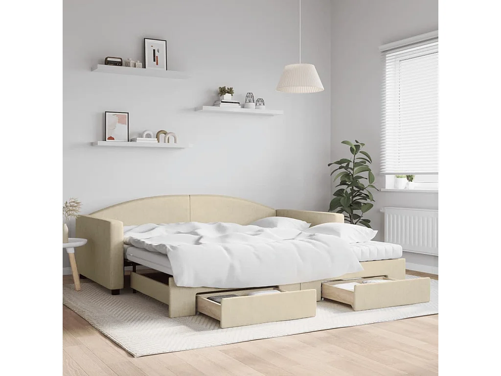 Lit de jour avec gigogne et tiroirs crème 100x200 cm tissu