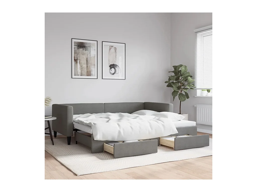 Lit de jour avec gigogne et tiroirs gris foncé 90x190 cm tissu